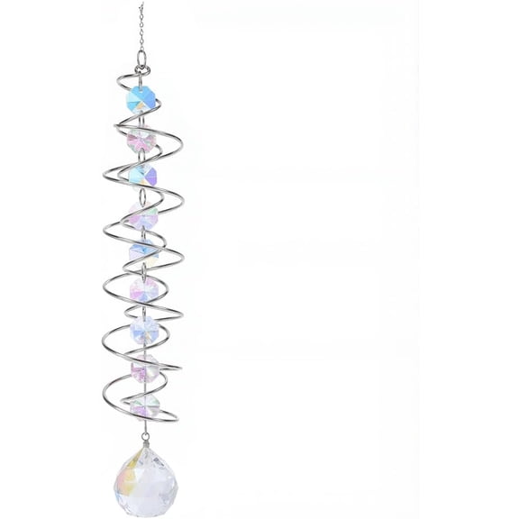 Suncatcher Wind Spinner Crystals Hanging Ornament Clear AB Gazing Ball Spiral Tail Pendant with Octagonal Beads Hook Chain Silver Double Clear