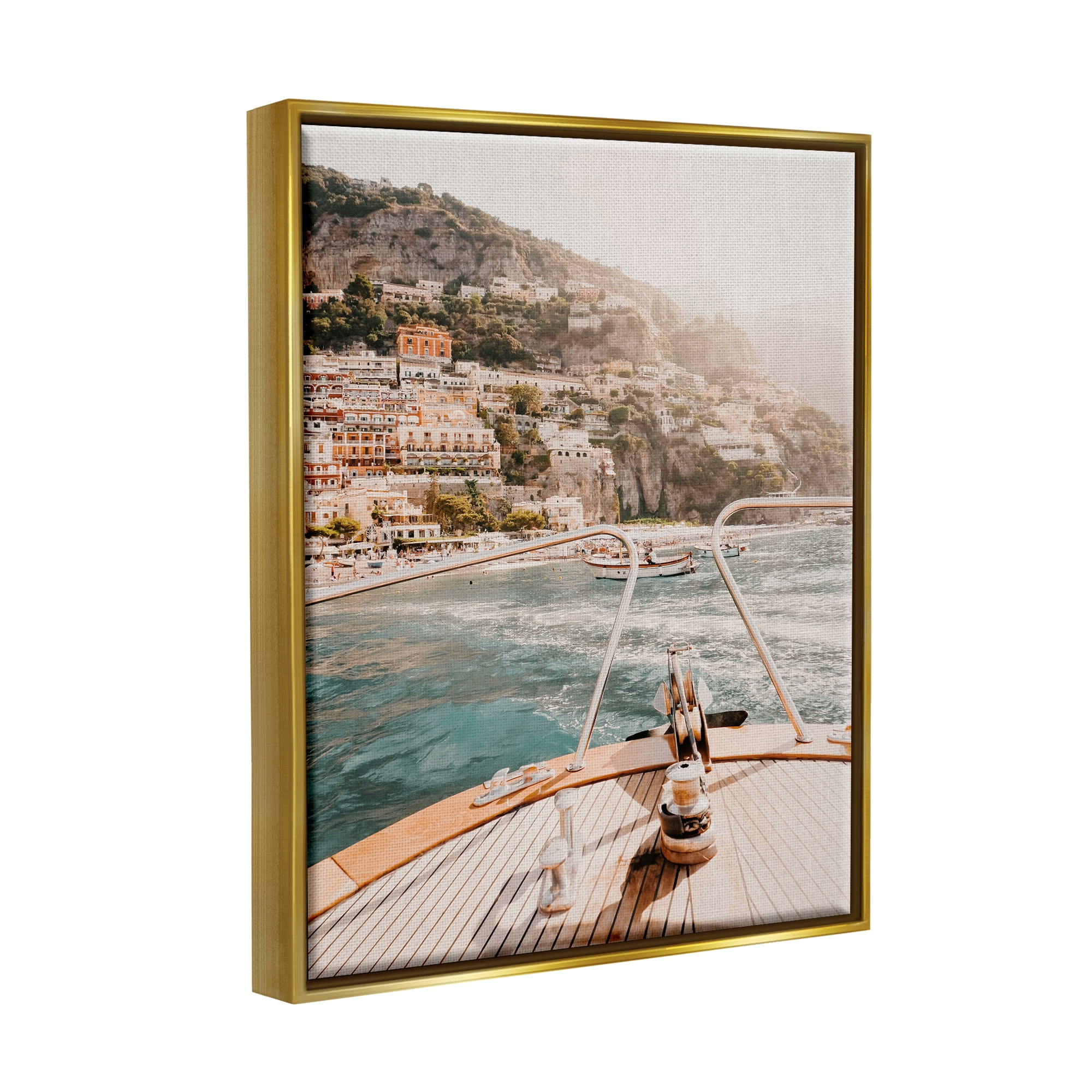 Stupell Boating Coastal Seaside Town Buildings Landscape Photography Gold Floater Framed Art Print Wall Art
