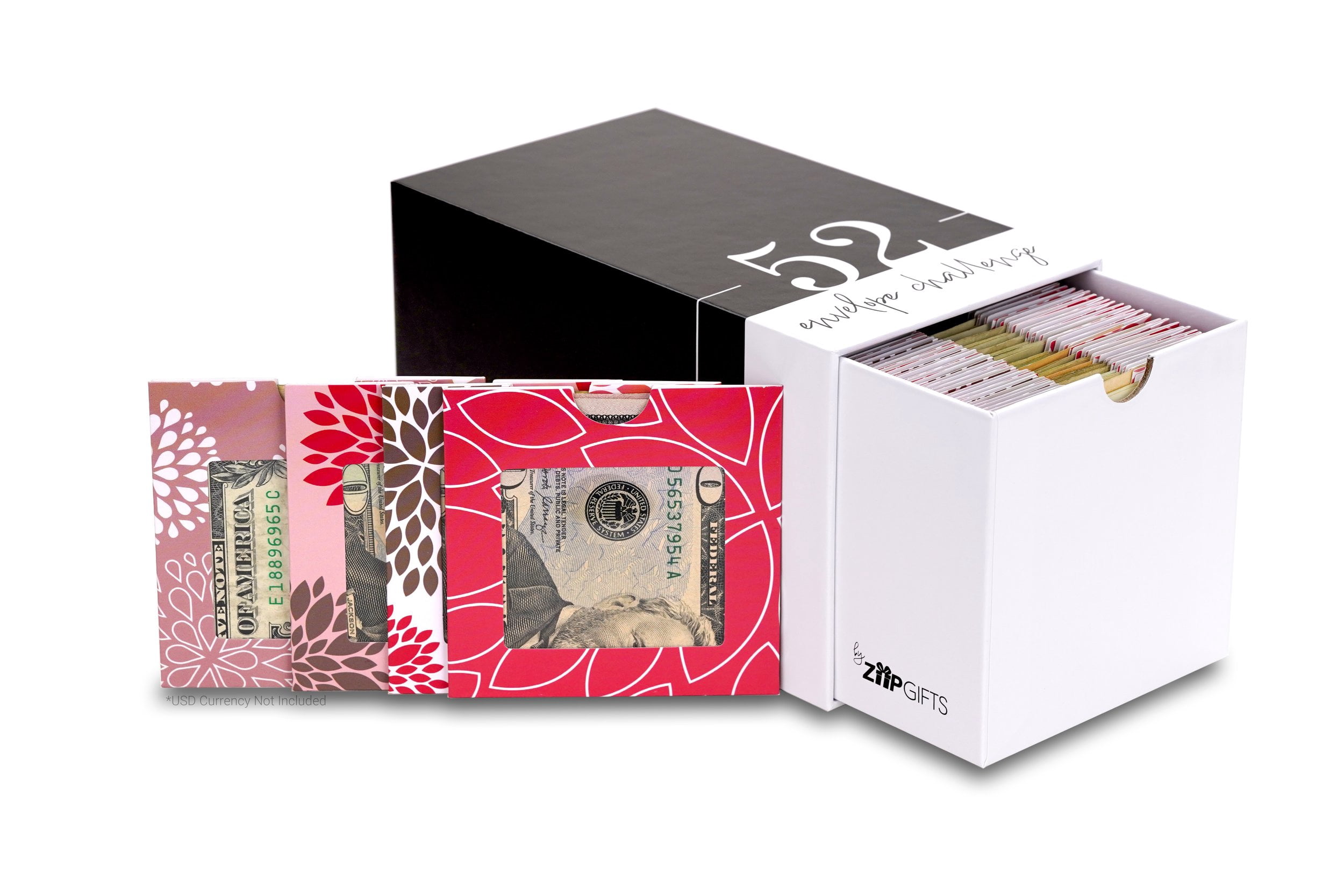 ZipGifts 52 Envelope $1,378 Money Saving Challenge Kit | 56 Premium Card Stock Cash Stuffing Envelopes w/Clear Plastic Windows, $ Stickers, 3 Goal/Mark-off Sheets, & Drawer Box (Dahlia)