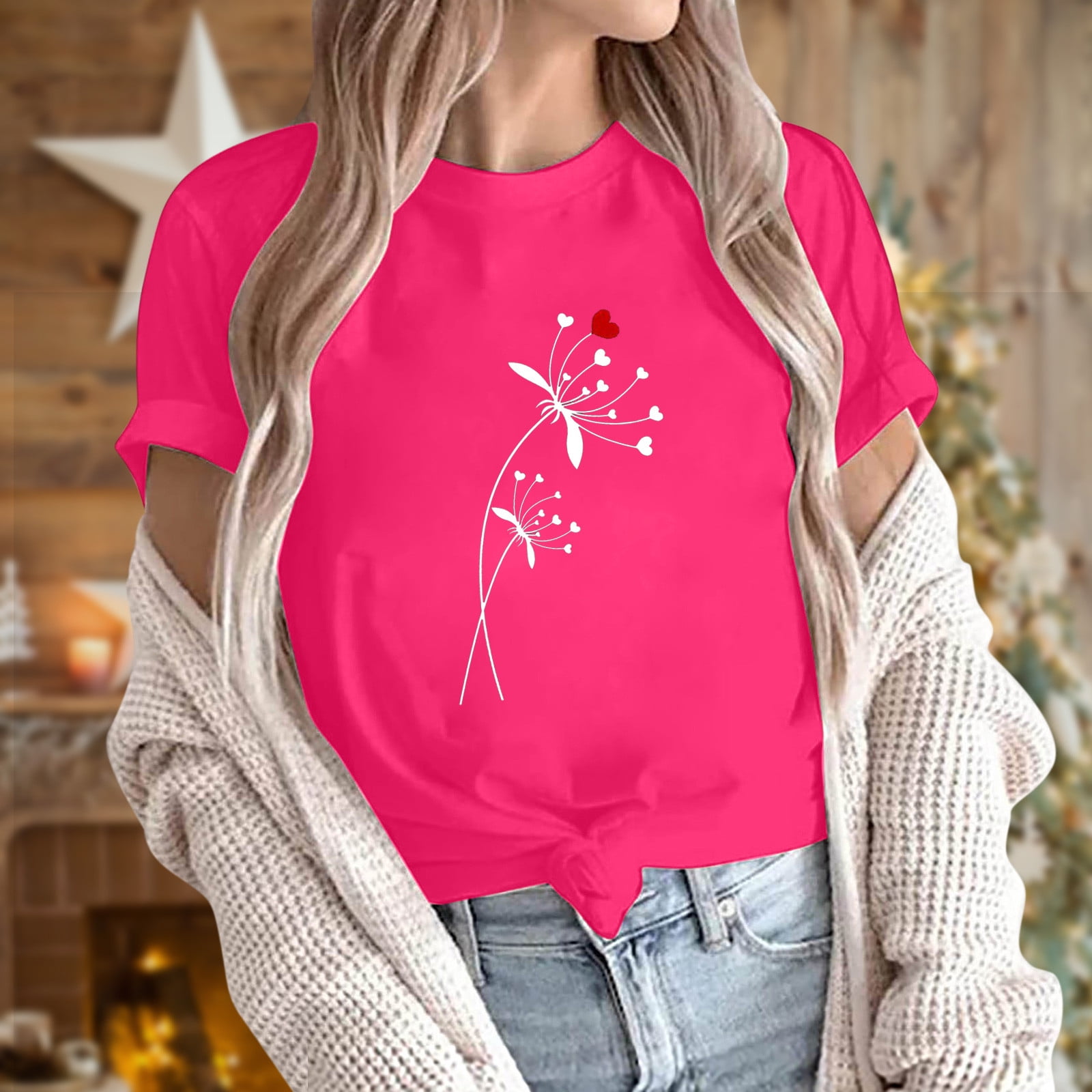 FITORON Women T shirts- Pullover Cute Simple Tops Short Sleeve Crew Neck  Leisure Tops Printed Tops Hot Pink 4 - Walmart.com