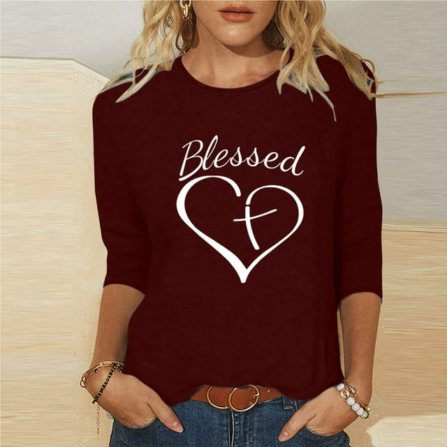 Meichang Hauts pour Femmes Manches 3/4 T-Shirts de la Saint-Valentin Cœur Graphique T-Shirts Coupe Ample Col Rond Hauts de Printemps T-Shirts Décontractés de Vacances