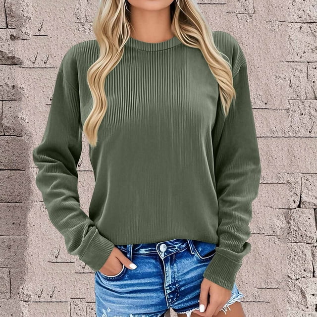 Amzcrzy Chandails en Molleton pour Femmes Décontracté Couleur Unie Manches Longues Col Rond Chandails en Molleton Mode Coton Côtelé Automne Chandail en Molleton pour Femmes 2TG