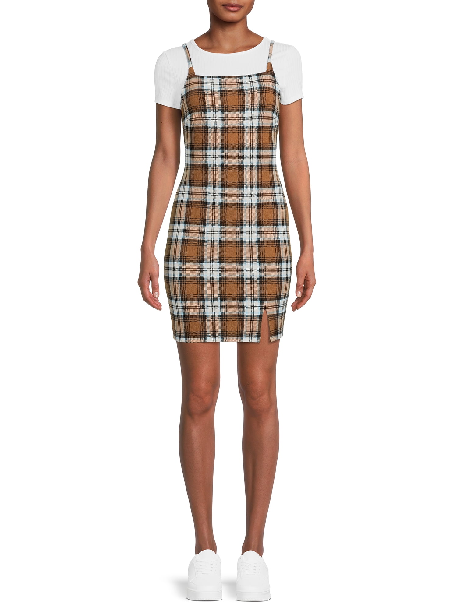 No Boundaries Juniors' Plaid Dress and Ribbed T-Shirt, 2-Piece Set -  Walmart.com