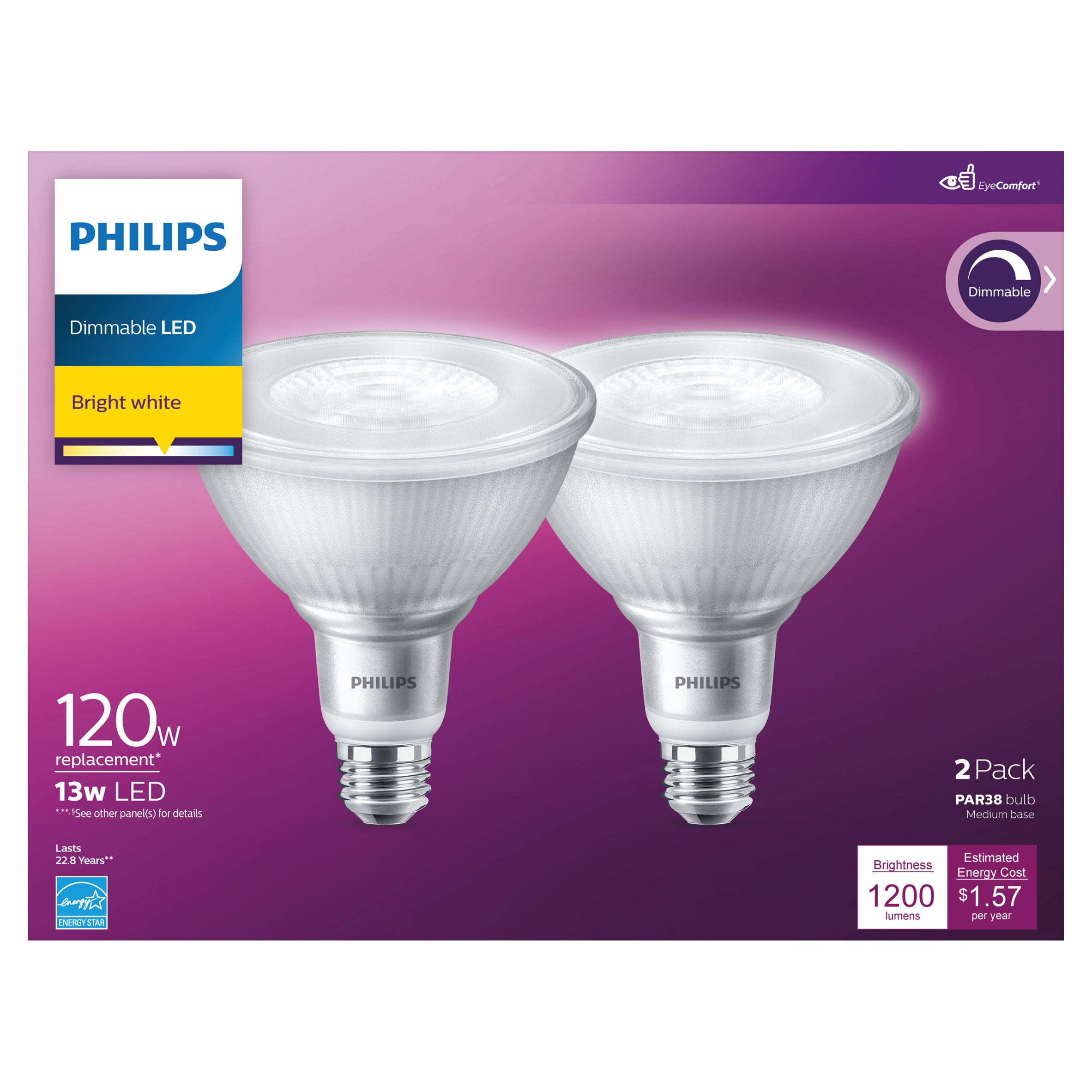 Philips LED 120-Watt PAR38 Flood Light Bulb, Bright White, Dimmable, 40° Beam Spread, E26 Medium Base (2-Pack) -