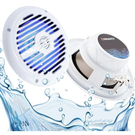 Gravity Haut-parleurs Marins - Système Audio Stéréo d'Extérieur 6,5 Pouces à 2 Voies, Étanche et Résistant aux Intempéries, avec Lumières DEL, Puissance de 350 Watts et Style Mince à Profil Bas - 1 Paire - MG660 (Blanc)