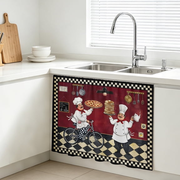Retro Cartoon Chef Cabinet Curtains for Kitchen 11"W x 13"L, Vintage Classic Pizza Food Farmhouse Rustic Red Vanity Cabinet Curtains Magic Tape Short Curtain Decor Privacy Panel for Bathroom Laundry