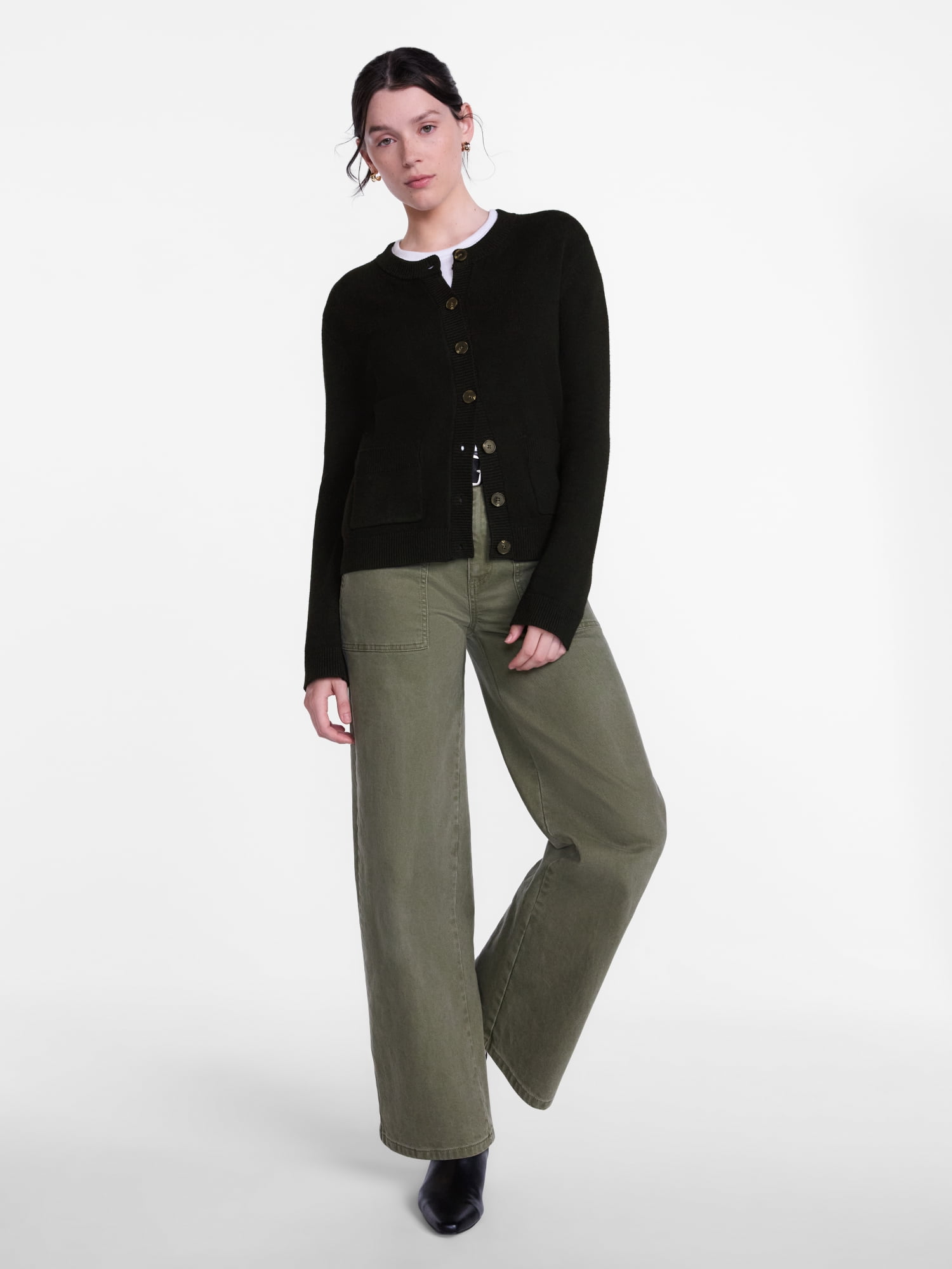 Scenario Women's Crewneck Cardigan with Patch Pockets, Lightweight, Sizes XS-XXXL