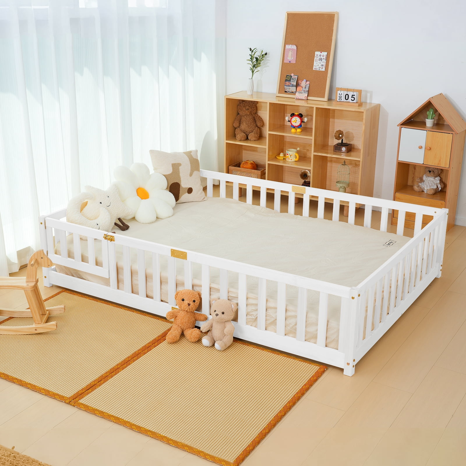 Slsy Full Size Toddler Floor Bed,Solid Wood Montessori Bed Frame with Fence & Door Montessori Floor Bed Crib with Safety Guardrails for Girls and Boys