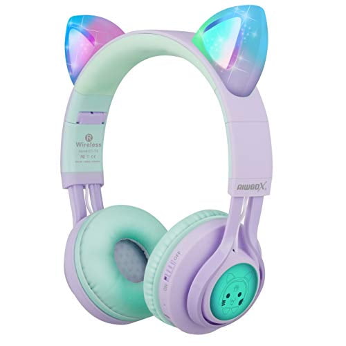 Riwbox Auriculares inalámbricos para niños, CT-7S Cat Ear Bluetooth, limitación de volumen de 85 dB, luz LED sobre la oreja con micrófono para computadora portátil/PC/TV (púrpura y verde)