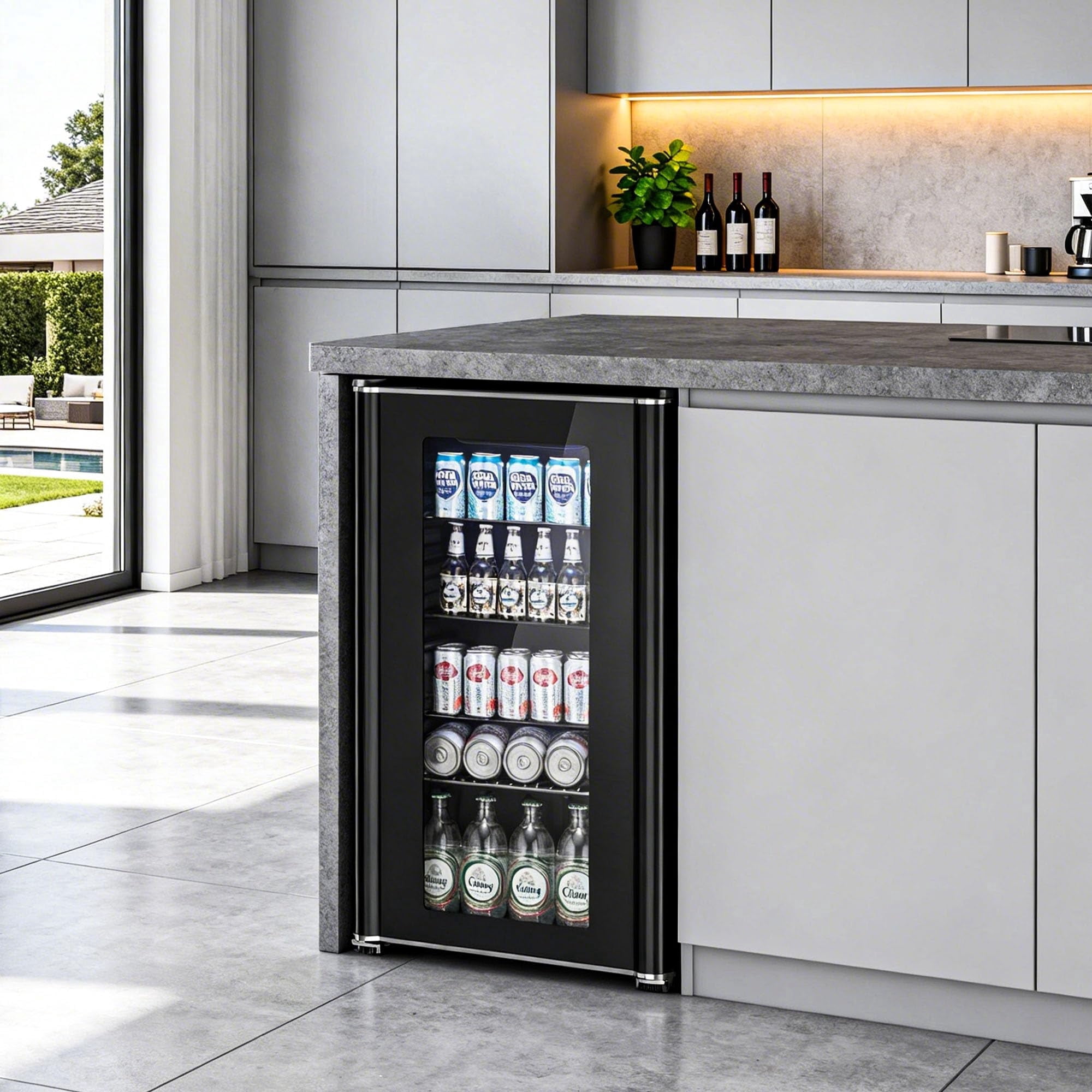 Auseo 130 Can Beverage Refrigerator, Mini Fridge with Glass Door and Digital Touch Screen, Adjustable Drink Cooler for Office/Kitchen/Bar