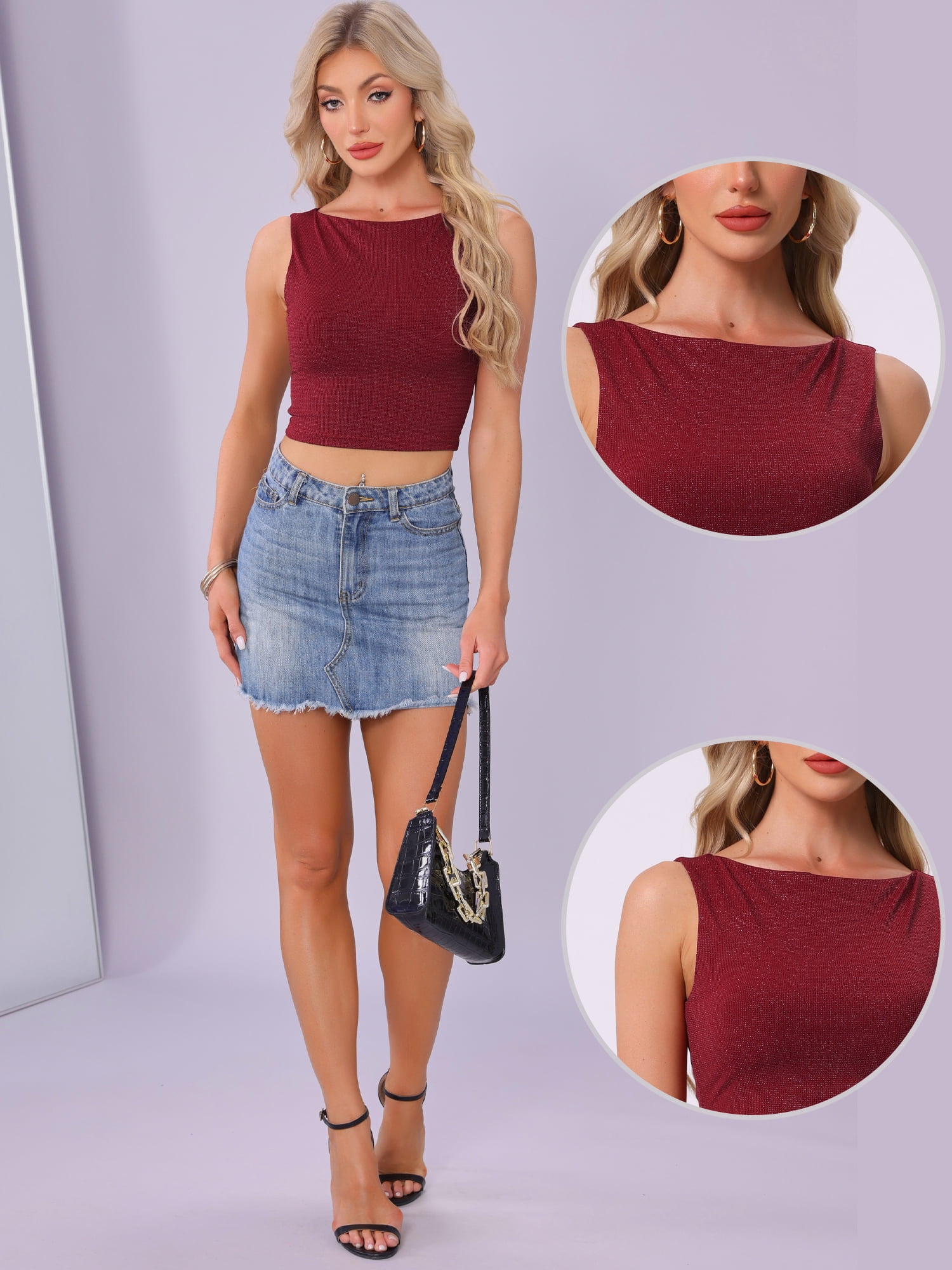 DARING DIVA Women's Glitter Vest Boat Neck Sleeveless Casual Outfit XL Wine Red