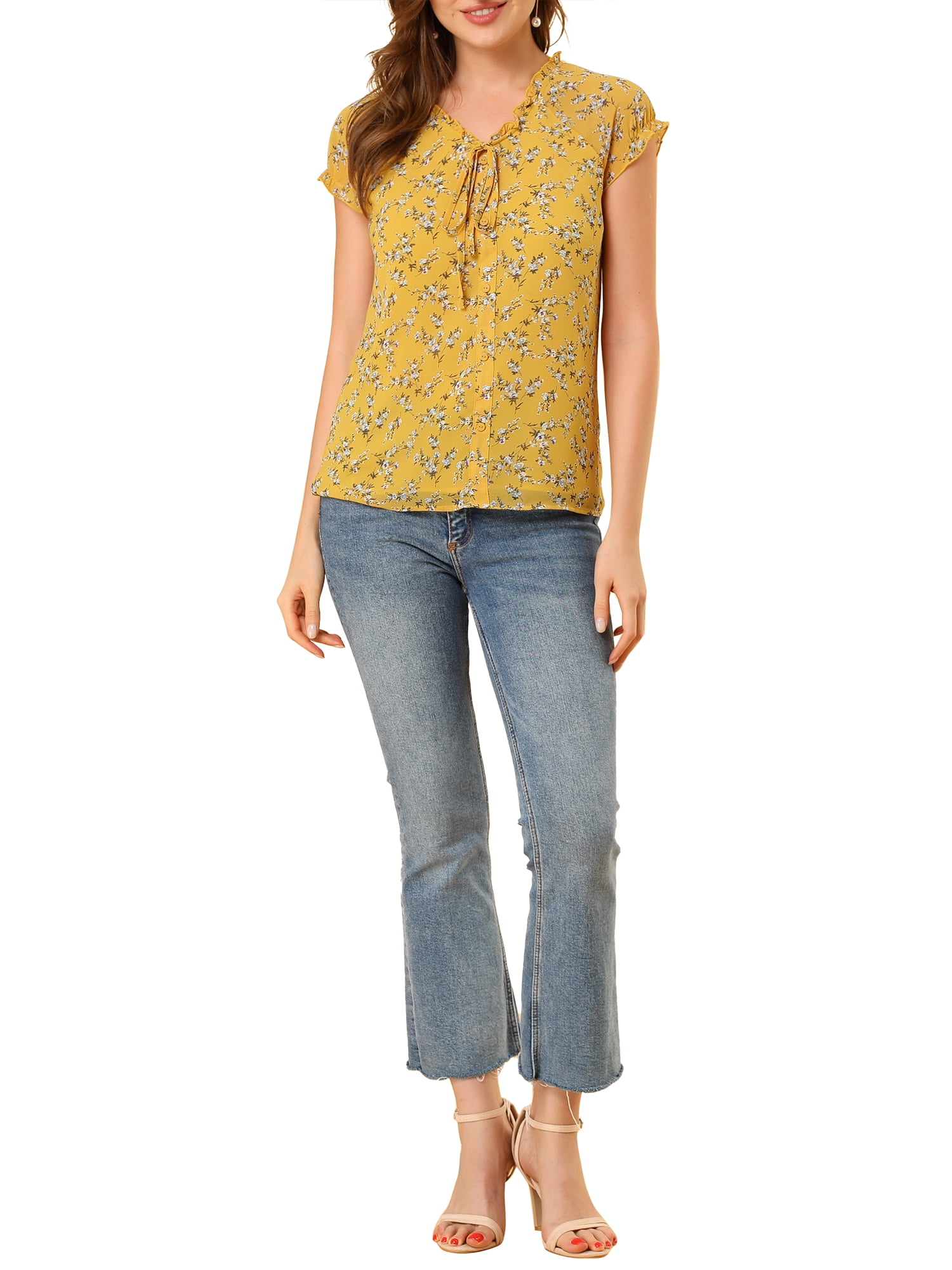 DARING DIVA Women's Ruffle V Neck Cap Sleeve Chiffon Floral Blouse Top XS Yellow