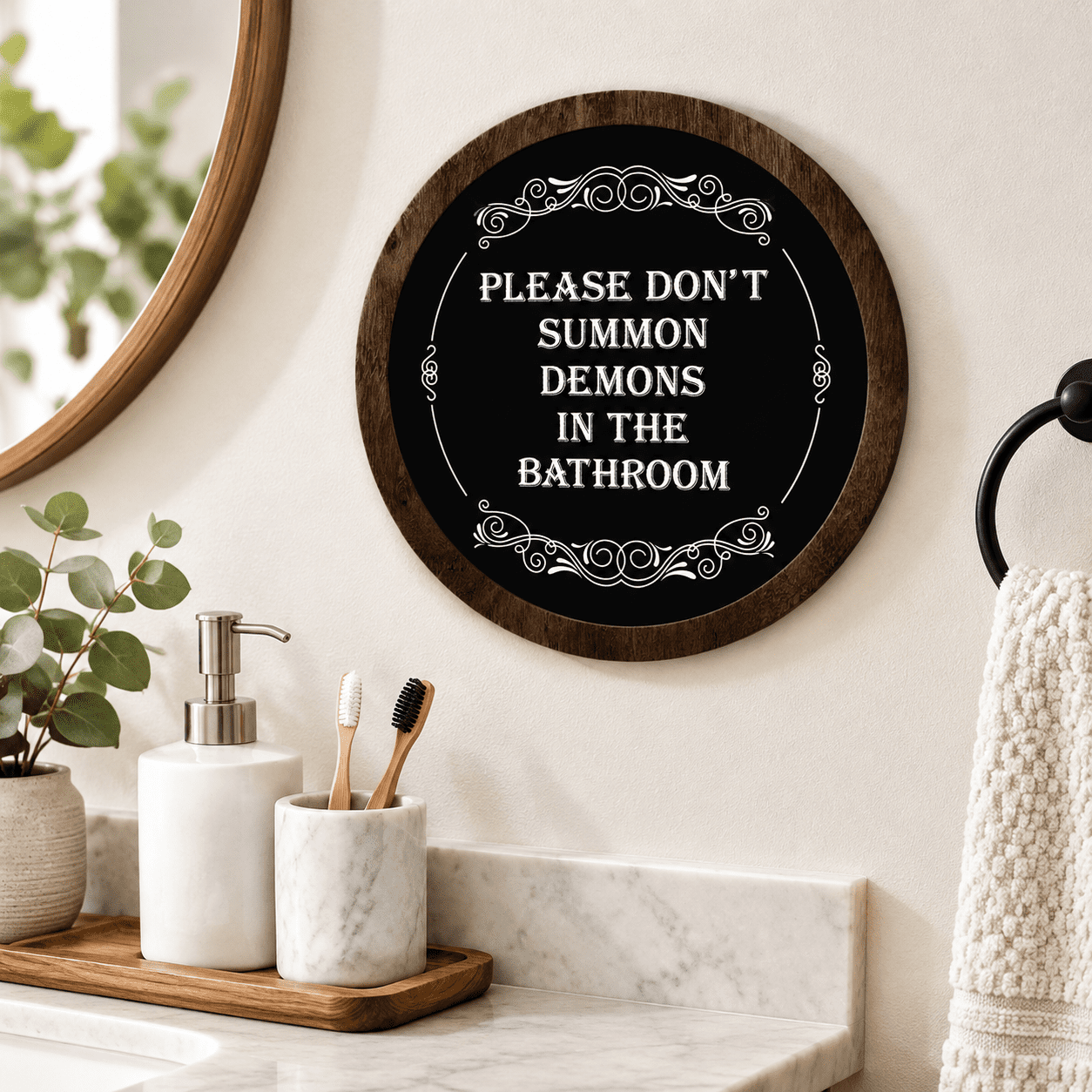 Please Do Not Summon Demons In The Bathroom 10x10 Inch Double-Layer Wood Decorative Wall Panel