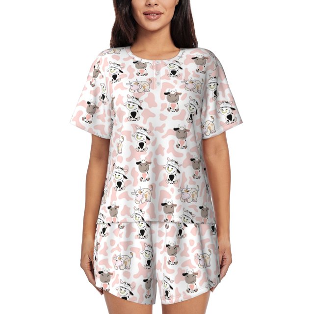 Balery Cute Cartoon Cows Conjunto de Pijama para Mujer con Estampado, Dos Piezas de Manga Corta y Shorts, Ropa de Dormir Suave con Cuello Redondo y Bolsillos-XX-Large