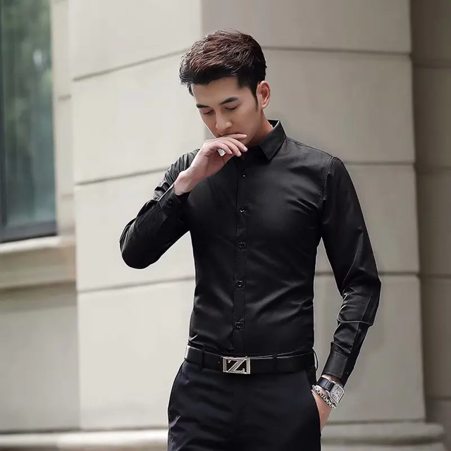 Camisa casual de manga larga para hombre, corte ajustado, vestimenta profesional de negocios, suaviza tu silueta, ropa de trabajo, ropa de carrera