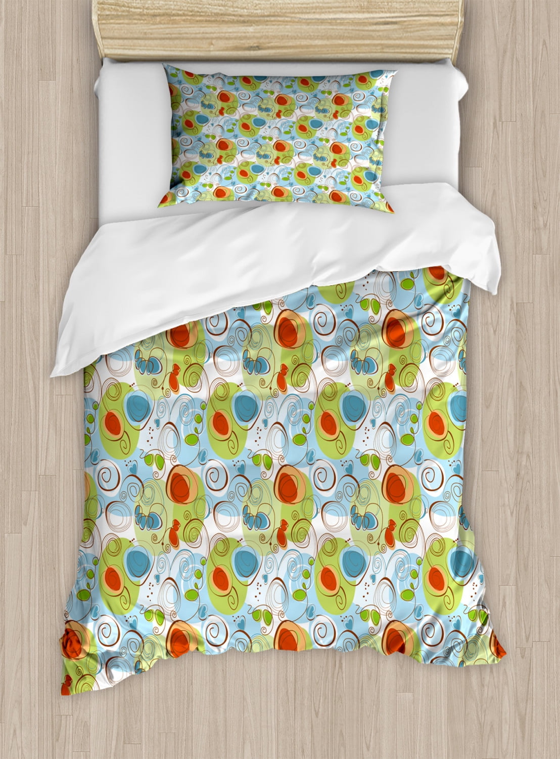 Funky Twin Size Duvet Cover Set, Whimsical Fun Pattern with Random Swirls Spirals Color Spots
