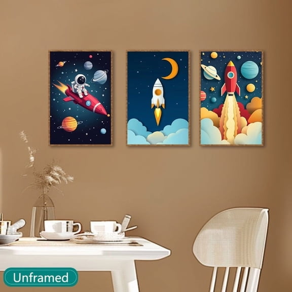3pcs Vintage Space-Themed Canvas Art Set - Retro Cartoon Rocket & Astronaut Wall Prints, Contemporary Decor for Living Room & Bedroom, Unframed, Moon Decor