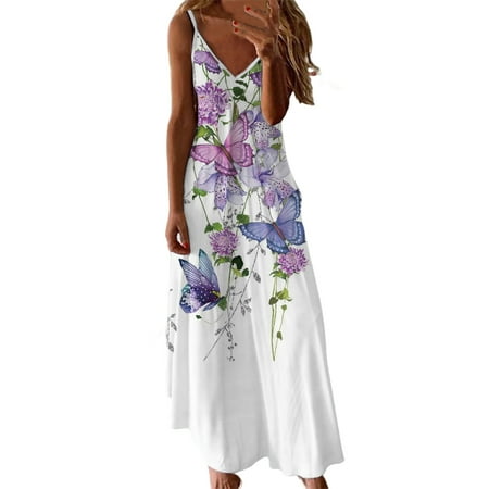 pimelu Summer Dresses for Women Casual Floral Print Spaghetti Strap Long Maxi Beach Party Sundresses Sleeveless Plus Dresses V Neck Sun Dress Wedding Guest