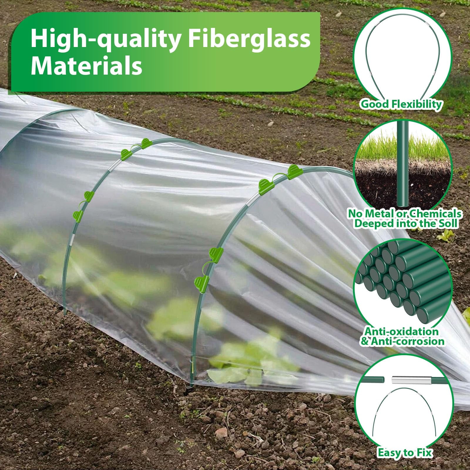 60Pcs Garden Hoops for Raised Beds,12 Sets of 7FT Greenhouse Hoops Grow Tunnel, Rust-Free Fiberglass Support Hoops Frame for Netting Shade Cloth Cover, DIY Plant Support Garden Stakes
