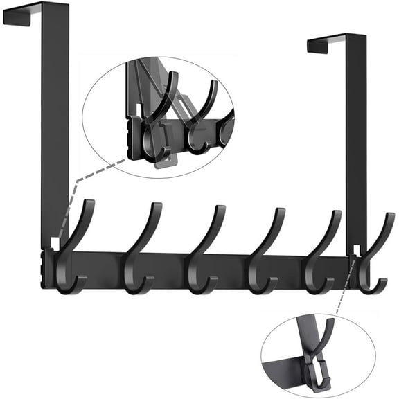 Over The Door Hooks for Hanging, Over The Door Hanger, Over The Door Towel Rack for Bathroom with 5 Triple Coat Hooks, Bathroom Towel Holder Towels Hanger (Black, 1 Pack)