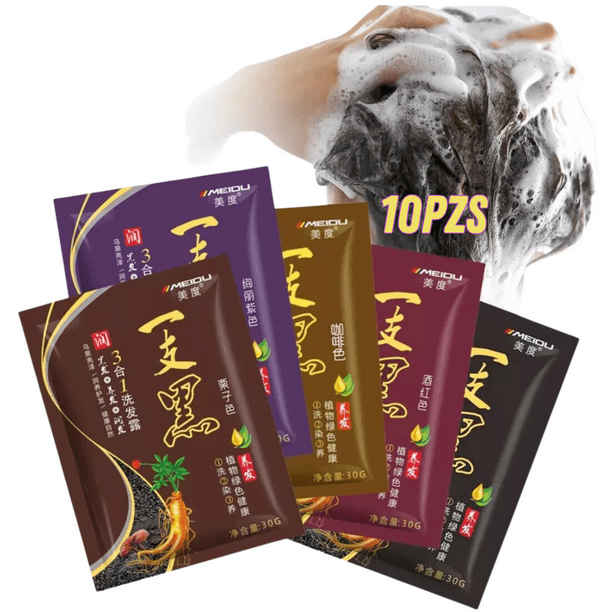 Paquete 10 Shampoo Tinte Instantáneo Orgánico Cubre Canas Natural Jengibre (Castaño)
