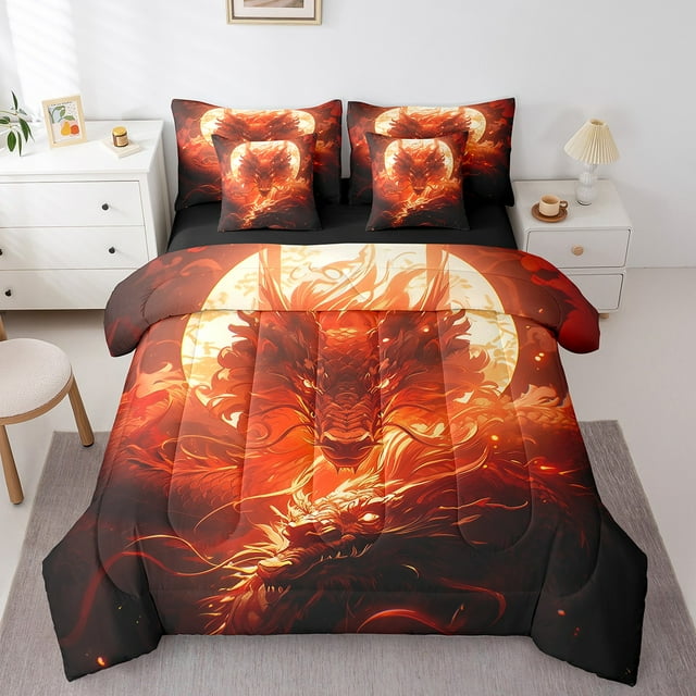 YST Magical Dragon 7-Piece Comforter Set, Twin, Wildlife Theme, Red, Animal Print, Comforter Set, Twin