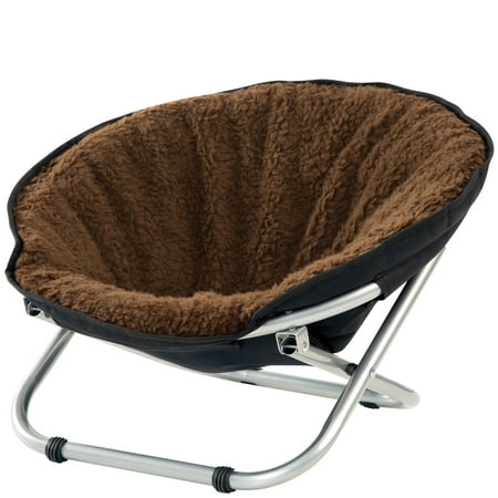 Folding Pet Cozy Chair & Portable Round Fold Out Elevated Cat Bed  Brown Fleece