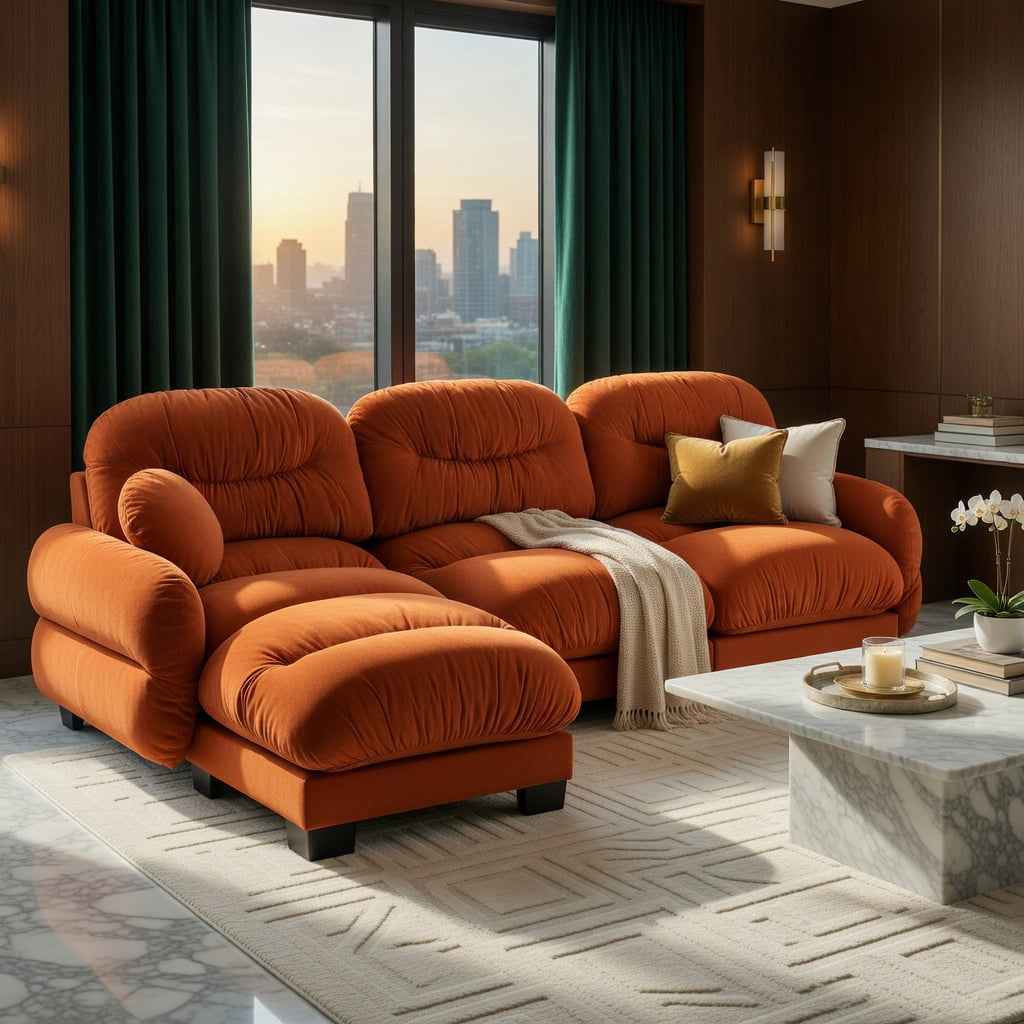 Hommoo Modern Chenille L-Shaped Modular Sectional Sofa with Ergonomic Foam, Curved Armrests, Ottoman & 2 Throw Pillows, 3-Seater Pleated Design, Orange