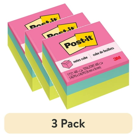 (3 pack) Post-it Notes Cube, 3 in. x 3 in., Bright colors, 400 Sheets, 1 Cube