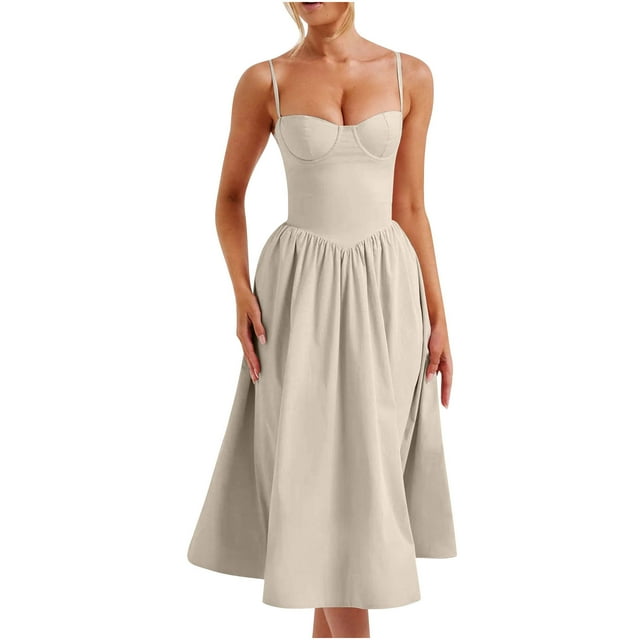 Kaemgyyd Robe Corset pour Femmes Élégante à Bretelles Spaghetti, Robe Midi Fluide à Décolleté Plongeant Plissée, Robes de Cocktail Formelles pour Femmes