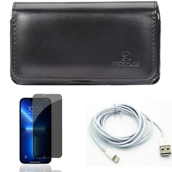 6ft USB Cable & Privacy Screen Protector & Case Belt Clip for iPhone 13/Pro ONLY - Charger Cord Power Wire + Tempered Glass Curved Anti-Spy + Leather Swivel Holster Combo