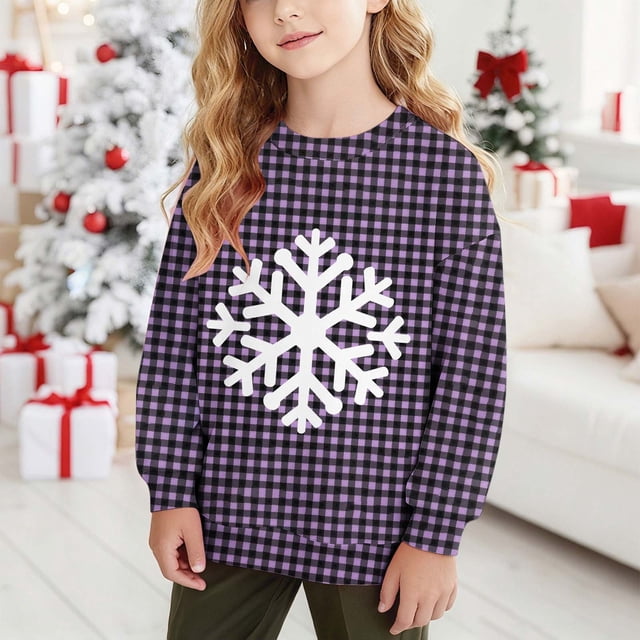 Cowsor Chandails en Molleton pour Filles Enfants Mignon Graphique Col Rond Chandail Tops Xmas Manches Longues Chemises de Vacances