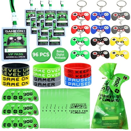 96 Pcs Video Game Party Favors for Kids, Gaming Party Favors - 12 set of VIP Pass Holder Keychain Wristband Treat Bags with Thank You Card Tags, Game On Themed Gamer Boys Birthday Goodie Bag Fillers