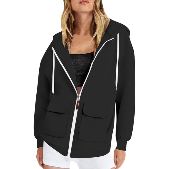 DHFJKG Jackets For Women Hoodies Fuzzy Lining Solid Color Long Sleeve Loose Fit Zipper Jacket Casual Sportswear Athleisure Classic Outerwear
