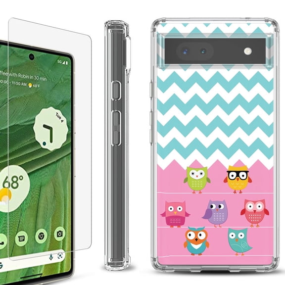 Shockproof Bumper Phone Case for Google Pixel 6a, with Tempered Glass Screen Protector, by OneToughShield ® - Chevron/Teal/Owl