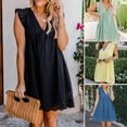 thumbnail image 3 of Summer V-neck Cotton Short Skirt Solid Color Dress California Romper For 2022, 3 of 5