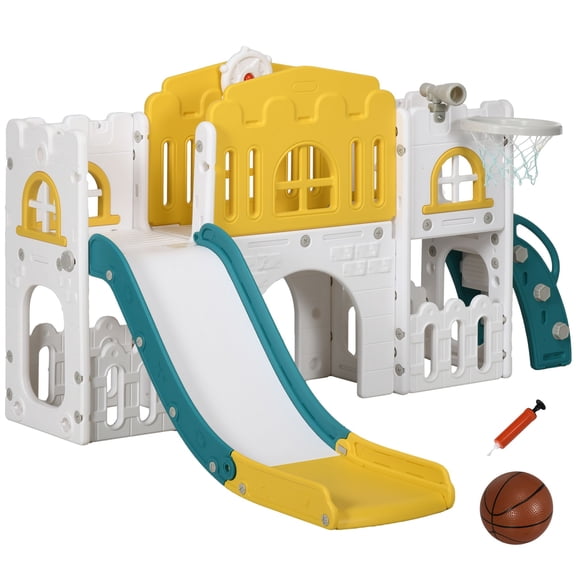 7-in-1 Toddler Slide, Multi-Activity Kids Playset for Ages 1-3, with Basketball Hoop, Climber, Telescope, Tunnel, Steering Wheel