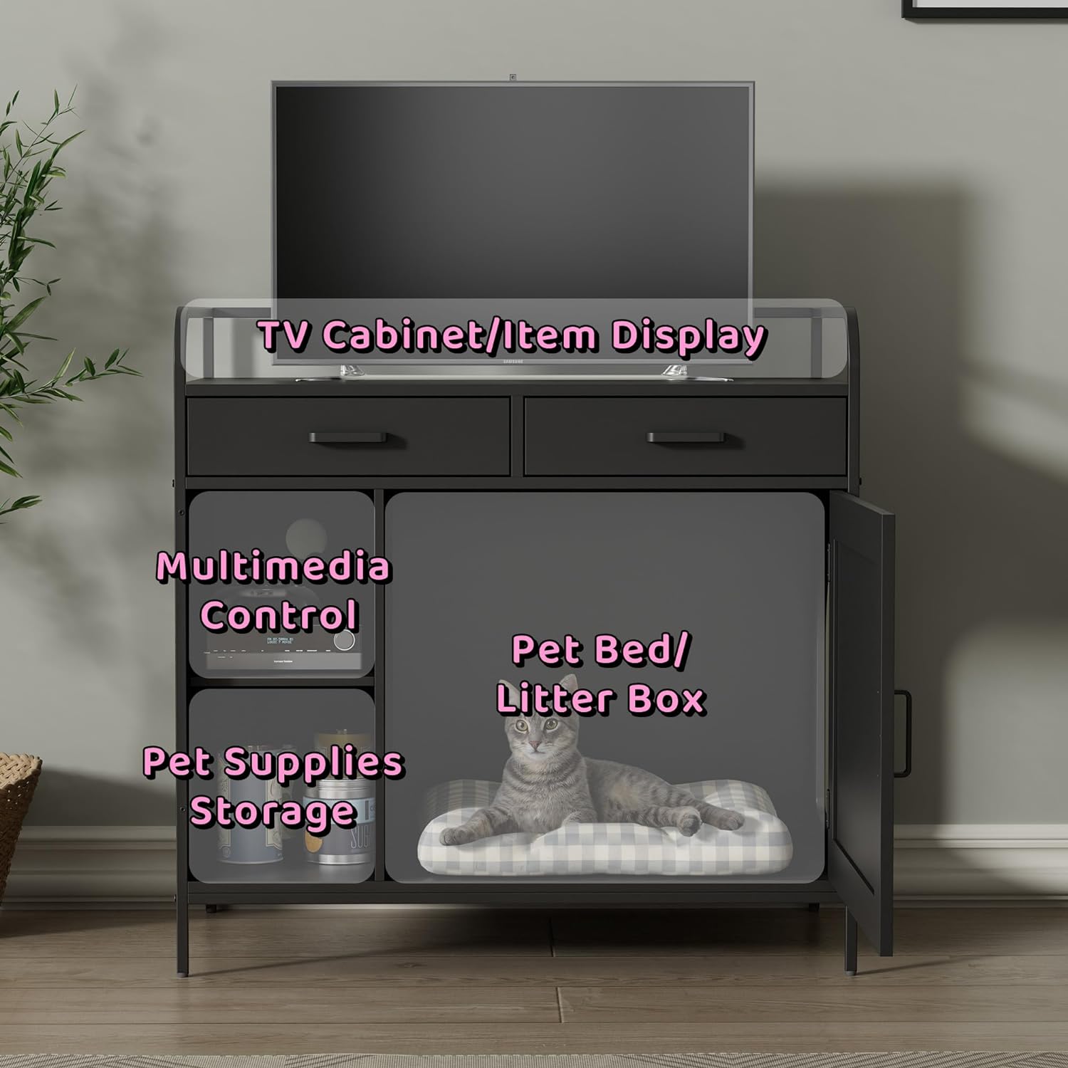 WISHIVE Litter Box Enclosure with Drawers, Hidden Cat Litter Box Enclosure, Cat Litter Box