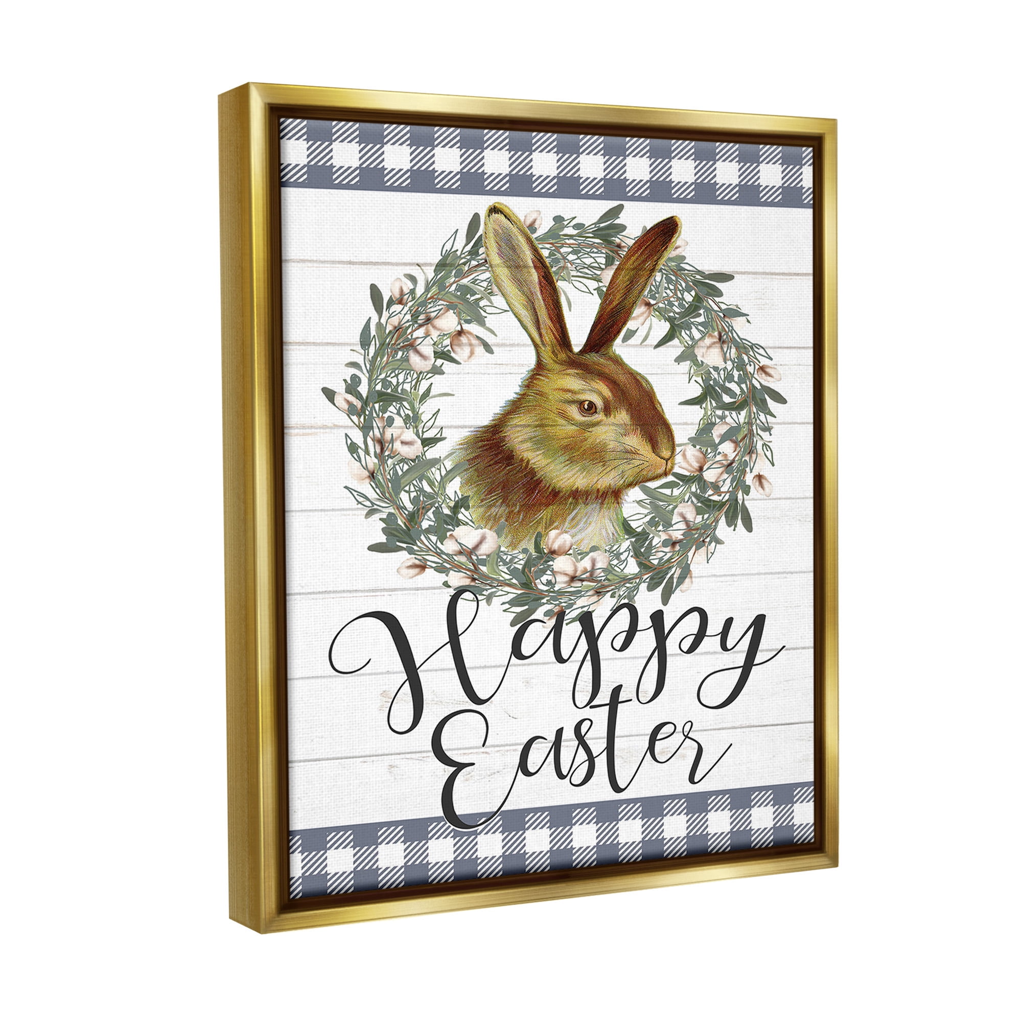 Stupell Industries Easter Bunny Wreath Phrase Holiday Painting Gold Floater Framed Canvas Art Print Wall Art, 25 x 31