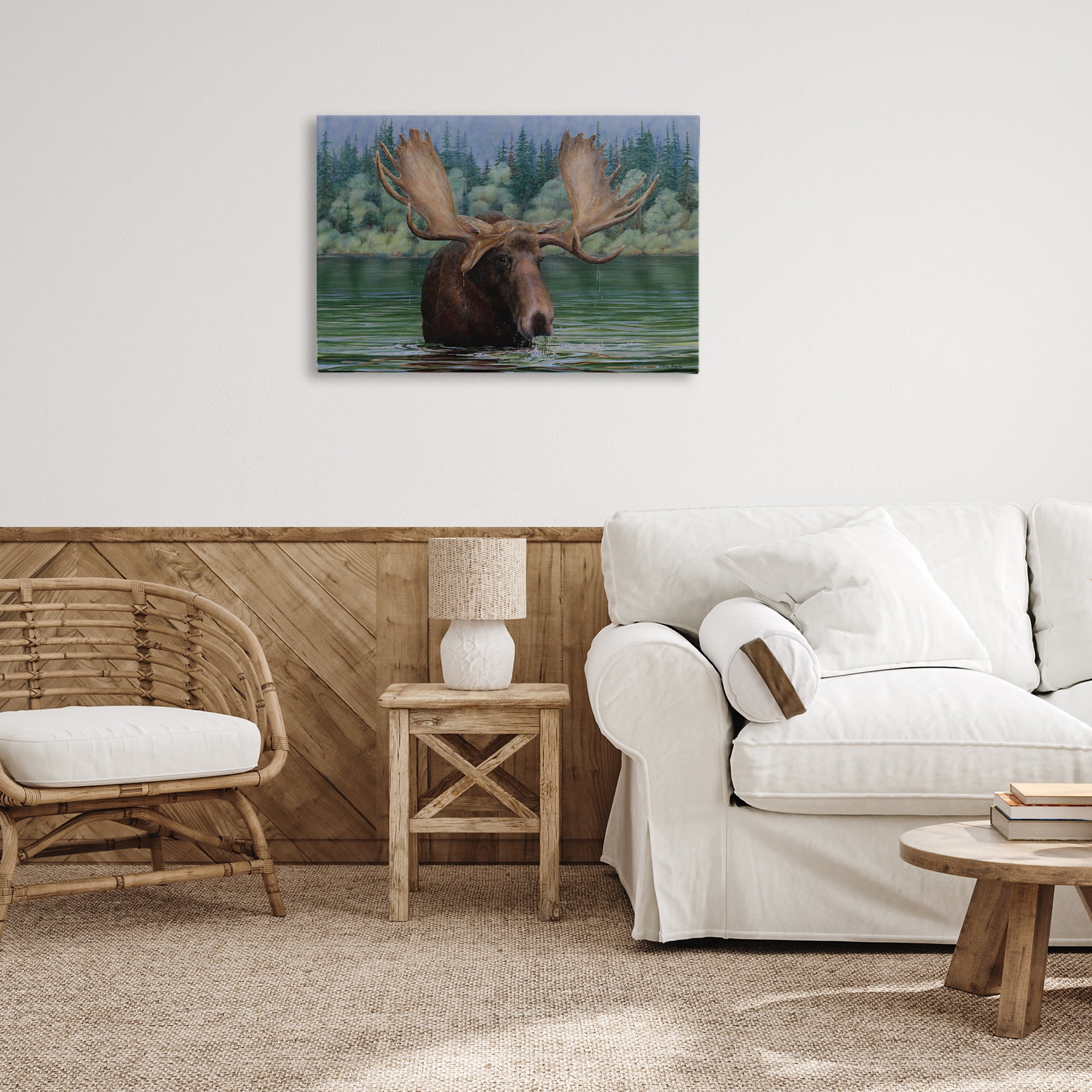 Stupell Industries Moose Swimming in Lake Animals Painting Wrapped Canvas Art Print Wall Art, 30 x 20
