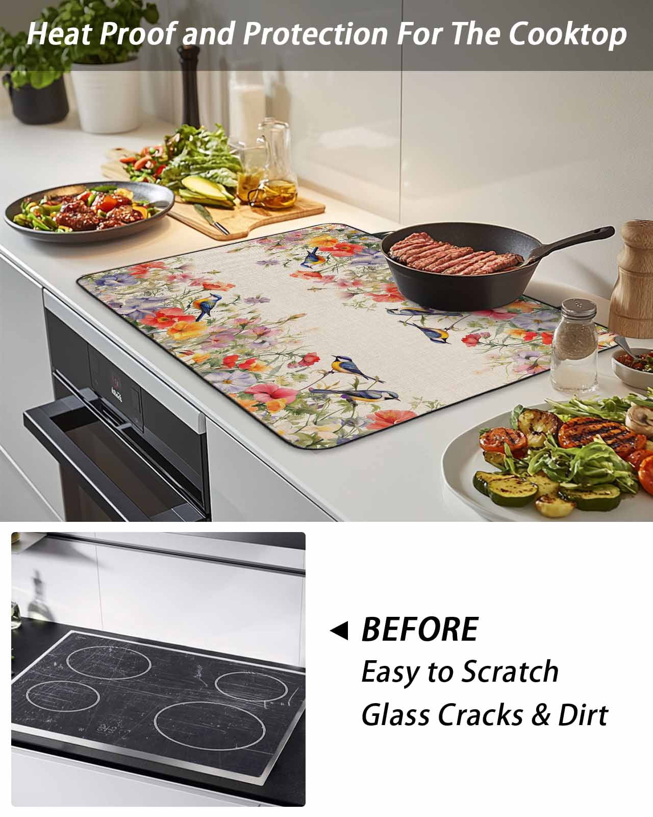 Stove Top Covers for Electric Stove, Vintage Flowers Glass Stovetop Cover Protector, Spring Floral Botanical Rustic Pastoral Induction Cooktop Protector Oven Mat for Kitchen Countertop 24"x21"