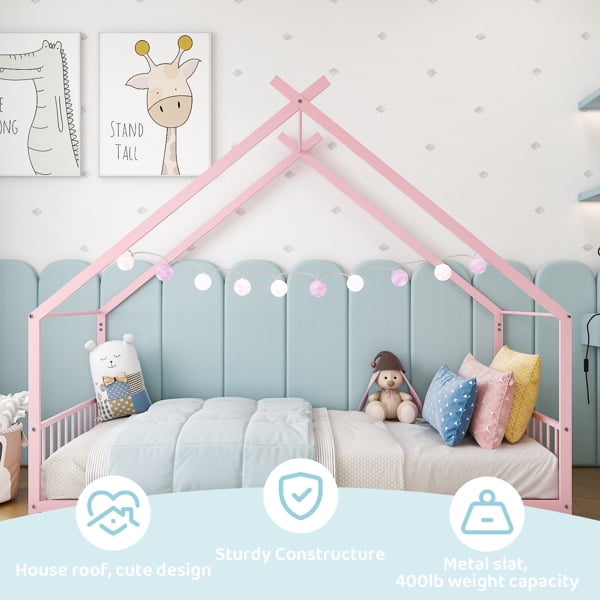 Alvantor Twin Metal House Bed for Girls and Toddlers with Side Guardrails, Pink