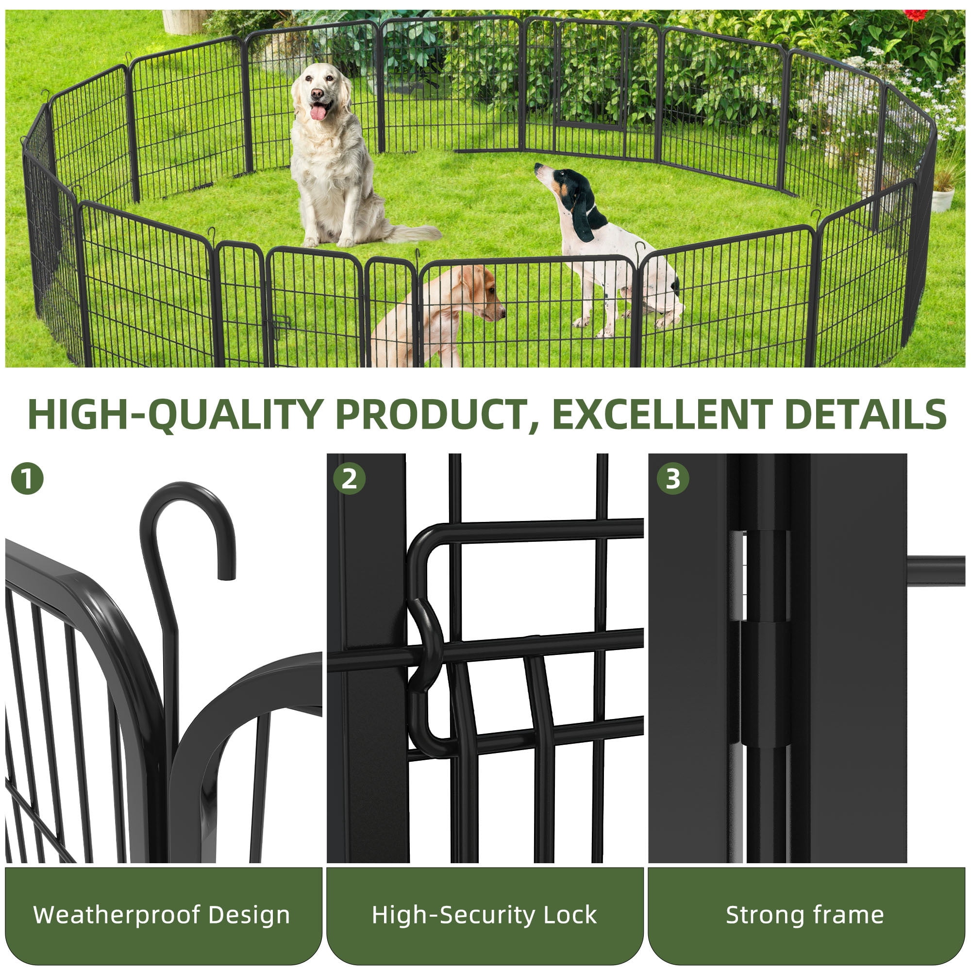 Uforic 32" Tall Metal Garden Fence Panels with Gate & Lock, 16 Pcs Decorative Pet Dog Fence, Animal Barrier for  Patio & Garden, Black
