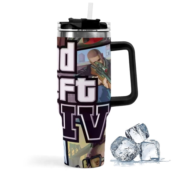 Grand Theft Auto GTA-theme Insulated Stainless Steel Tumbler with Handle Gifts For Family Friends Fans and Straw Fits in Standard Cup Holder 40 OZ