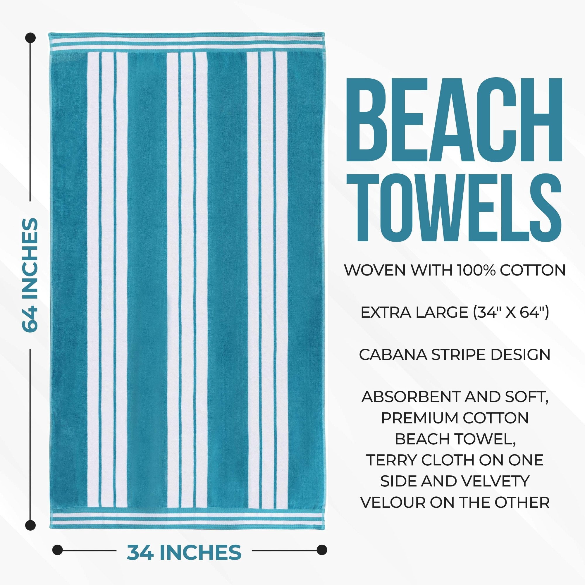 Superior Cotton Striped Oversized Beach Towel Set of 2, 34" x 64", Turquoise