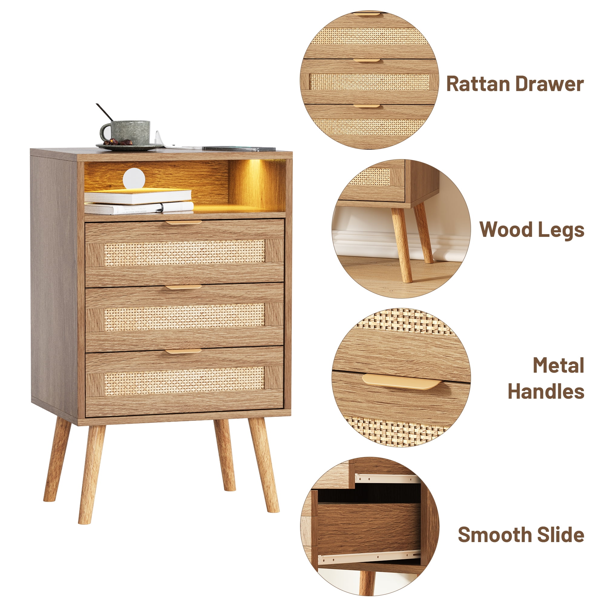 Vabches Rattan Nightstand Set of 2 with Charging Station and 3 Drawers for Bedroom, Living Room