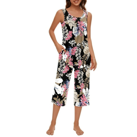 GHSOHS Sleepwear Pajamas for Women Set Pj Sets for Women Shorts Sleeveless Tank Top and Capri Pants Pocket Loungewear Sets Pajamas Sets Sleepwear Two-piece Pj Sets Outfits Lounge Sets 2 Piece Outfits