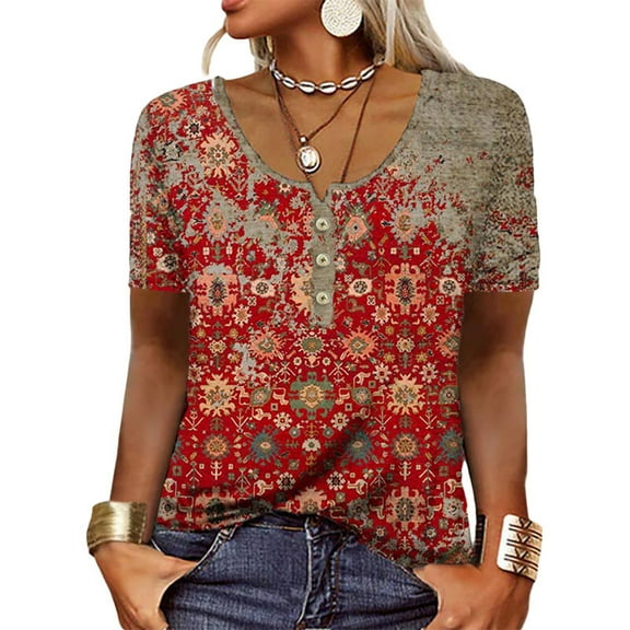 Womens Tops and Blouses Women's Crewneck Casual Floral Print T-shirt Short Sleeve Tunic Tops Blouse clearance clothes under $10.00