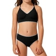 thumbnail image 3 of Huowey Children Girls Bikini Swimsuits 2 Piece Bikini Sets Cross Strap Ruched Floral Print Hollow Out Tops Solid Color High Waist Bottomd Sport Soft Swimwear Sets,Black,15-16 Years, 3 of 6