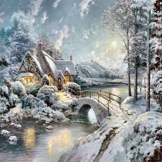 Diamond Drill Snow Christmas House 5D Kits de pintura DIY Decoración de pared redonda completa Hugtrwg Para estrenar